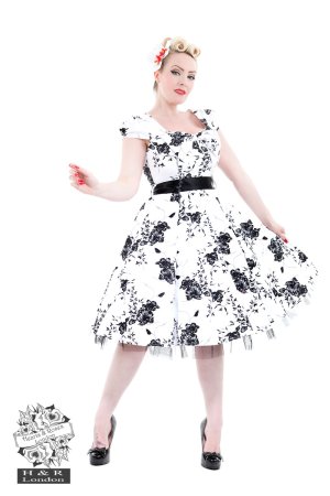 50's Imitation White Black Floral Tea Dress